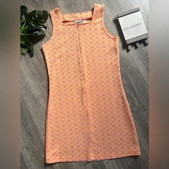 Vintage 90s Xhilaration Orange & Pink Zipper Front Sheath Mini Dress USA Size M - Picture 1 of 12